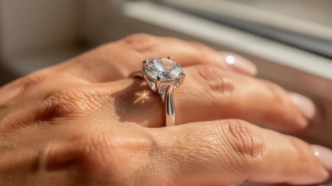 A close-up photograph captures a stunning brilliant cut moissanite engagement ring on a woman's hand, showcasing its exceptional quality as it catches natural light, creating beautiful rainbow-like flashes. The icy white stone, set in a rose gold metal setting, highlights the ring's brilliance and light performance, making it a perfect choice for any jewelry lover.