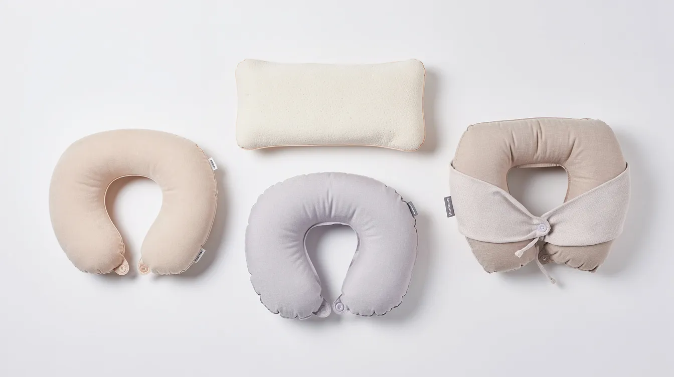 The image showcases a variety of travel pillows, including memory foam and microbead options, neatly arranged on a clean white surface. Each pillow, designed for excellent support during travel, features different textures and shapes, highlighting their compact sizes and removable covers for easy cleaning.