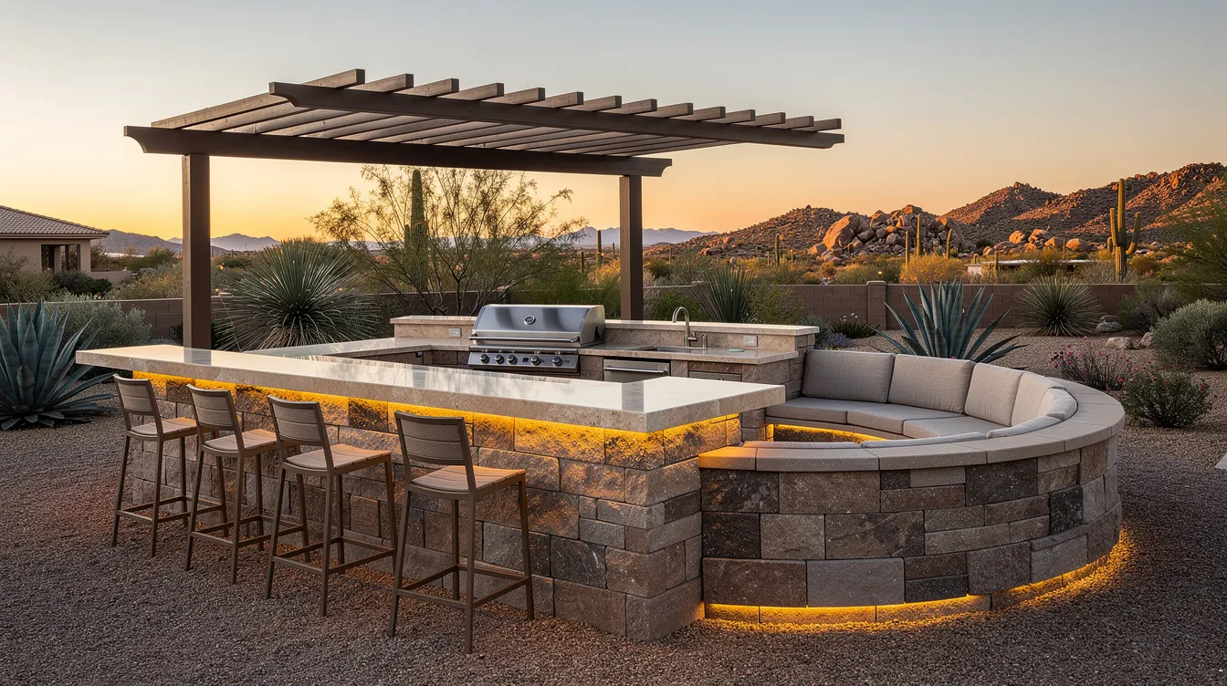 The image depicts an outdoor kitchen featuring a stone countertop and a built-in grill, complemented by a seating wall, all set in a desert backyard illuminated by warm evening lighting. This transformed outdoor space showcases quality craftsmanship and is ideal for outdoor living projects, enhancing the overall landscape design.