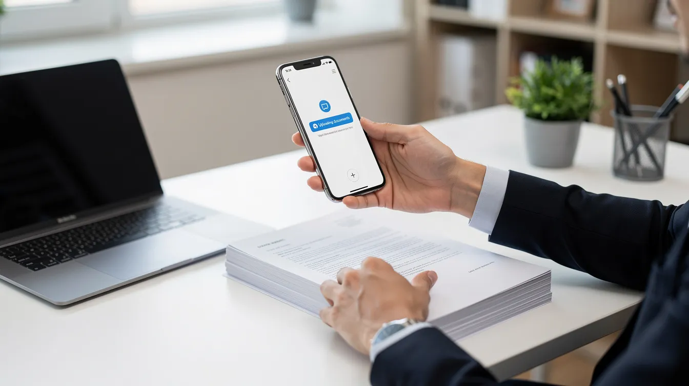 The image shows a person sitting at a tidy desk, using a smartphone to scan and upload documents, likely for a loan application. The background suggests a professional environment, which could be relevant for 公務員 貸款 or other financial services.