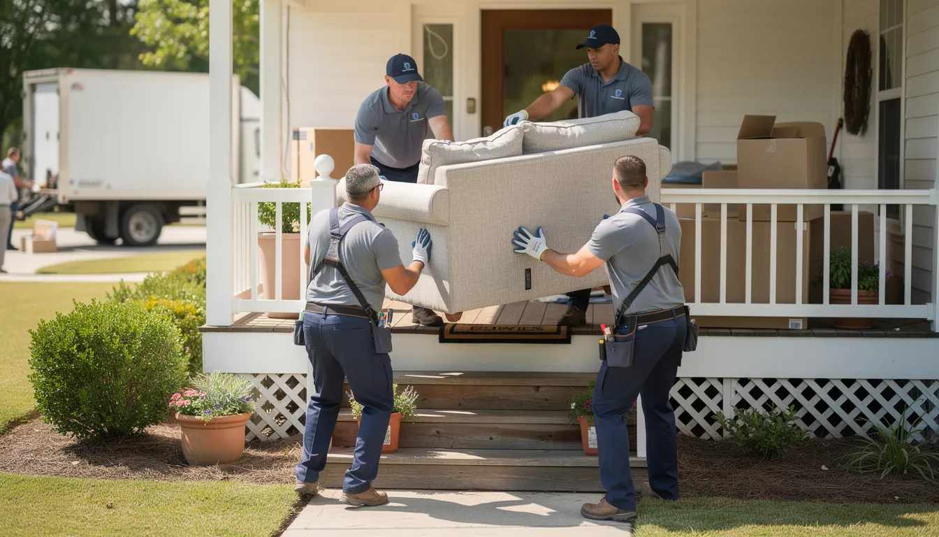 Two workers are carefully maneuvering large pieces of furniture down a set of porch stairs, ensuring safe and efficient removal during a cleanout process. This scene highlights the experienced team providing reliable junk removal services, making the task of handling bulky items stress-free for property owners.
