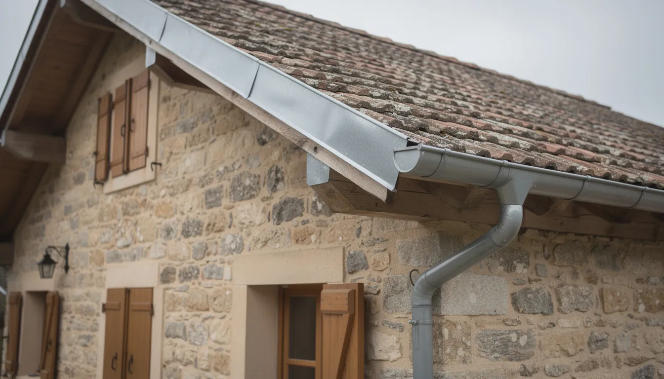 Une gouttière en zinc est installée sur une maison traditionnelle avec une façade en pierre, illustrant le savoir-faire d'un couvreur zingueur. Ce projet de rénovation de toiture met en avant l'expertise et la qualité des travaux réalisés dans la région de Pornic, en Loire-Atlantique.