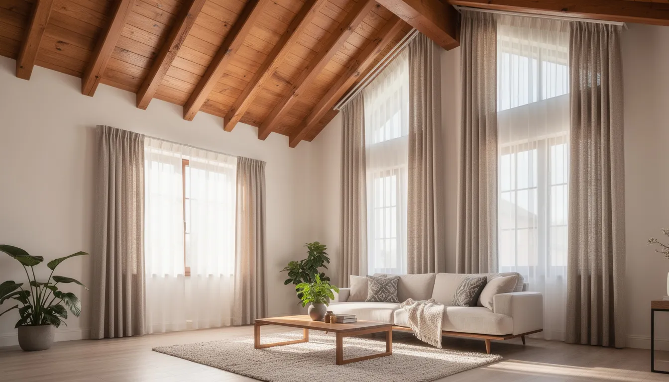 The image features a stylishly decorated room with a vaulted ceiling, showcasing natural wood beams and beige walls. Coordinated window treatments, including custom drapes and sheer fabrics, elegantly frame the angled windows, allowing natural light to fill the space while providing effective light control.