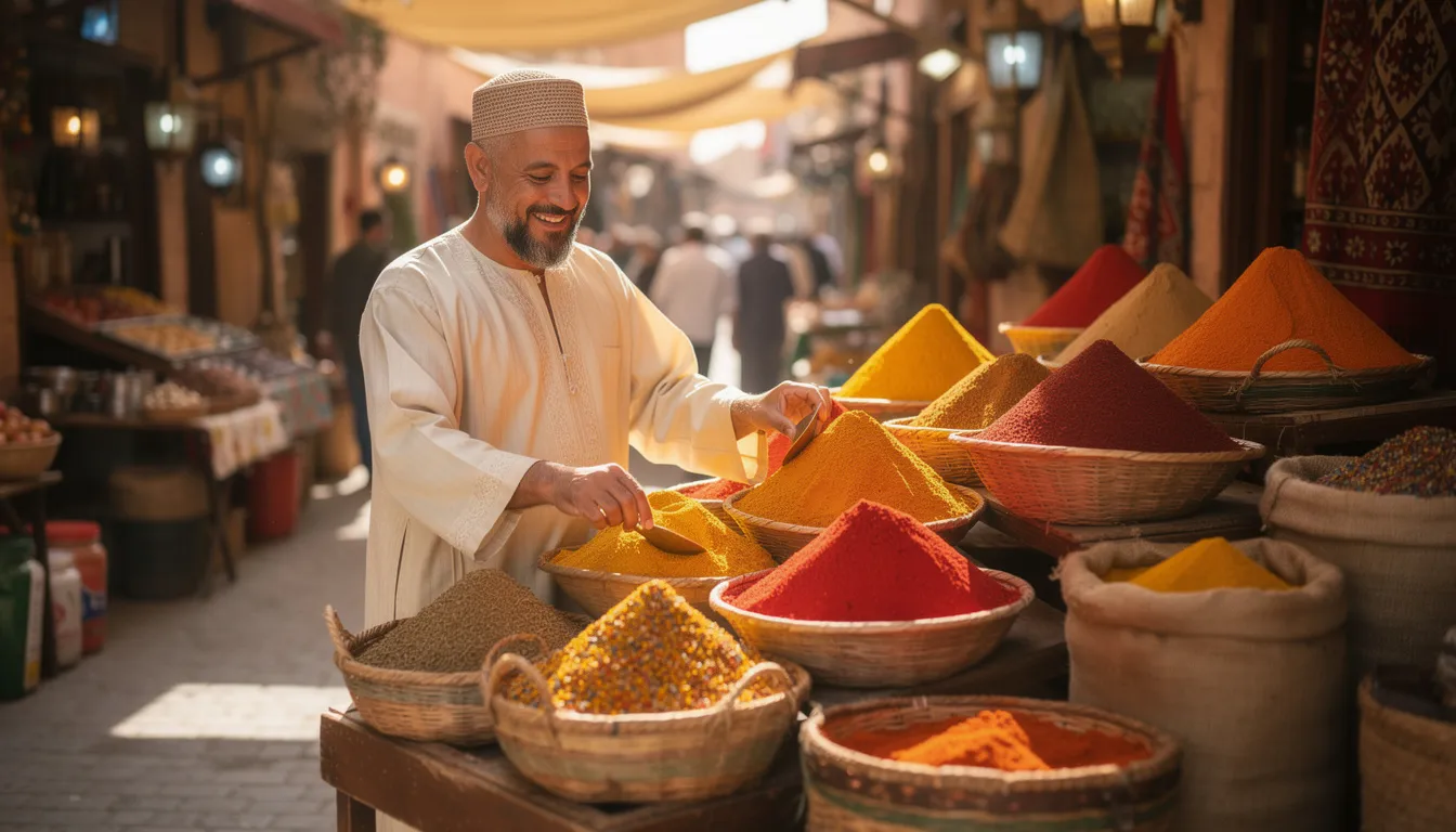 A friendly Moroccan shopkeeper is seen meticulously arranging vibrant spices in a bustling traditional souk, reflecting the rich culture and vibrant atmosphere of Morocco. This colorful scene captures the essence of local markets, inviting visitors to explore Morocco's diverse landscapes and experience its unique culinary delights.