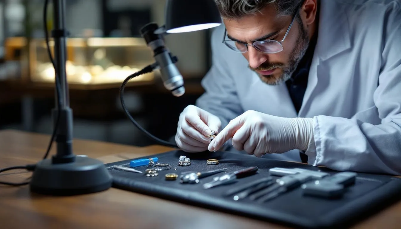 A professional jeweler is carefully examining a diamond ring using specialized tools and magnifying equipment, ensuring a thorough jewelry appraisal to determine its value and quality. This meticulous assessment is essential for insurance purposes and aligns with the standards set by the gemological institute.