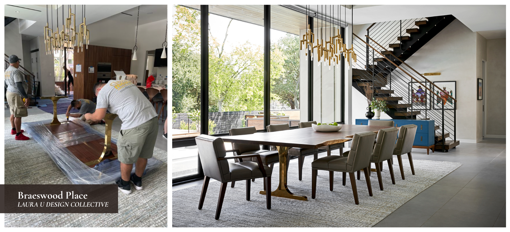 The Braeswood Place dining room during and after installation