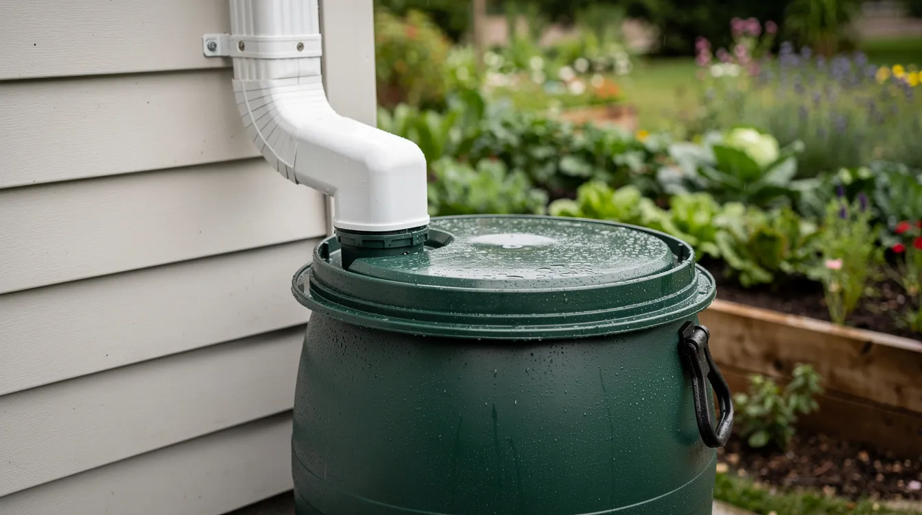 A rain barrel is connected to a residential downspout, designed for rainwater collection, with a lush green garden in the background, highlighting a sustainable approach to lawn and garden irrigation. This setup exemplifies water conservation practices and the benefits of capturing rainwater for outdoor use.