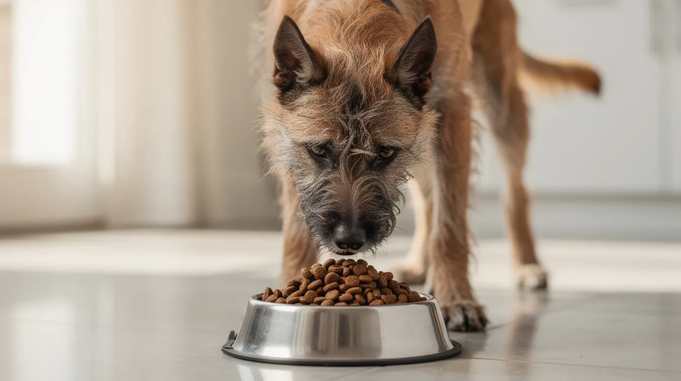 A Belgian Laekenois, a unique breed known for its wiry coat and proud carriage, is happily eating high-quality kibble from a dog bowl, showcasing its herding instincts and healthy appetite. The dog, with its erect ears and black mask, perfectly represents the breed standards set by organizations like the American Kennel Club.