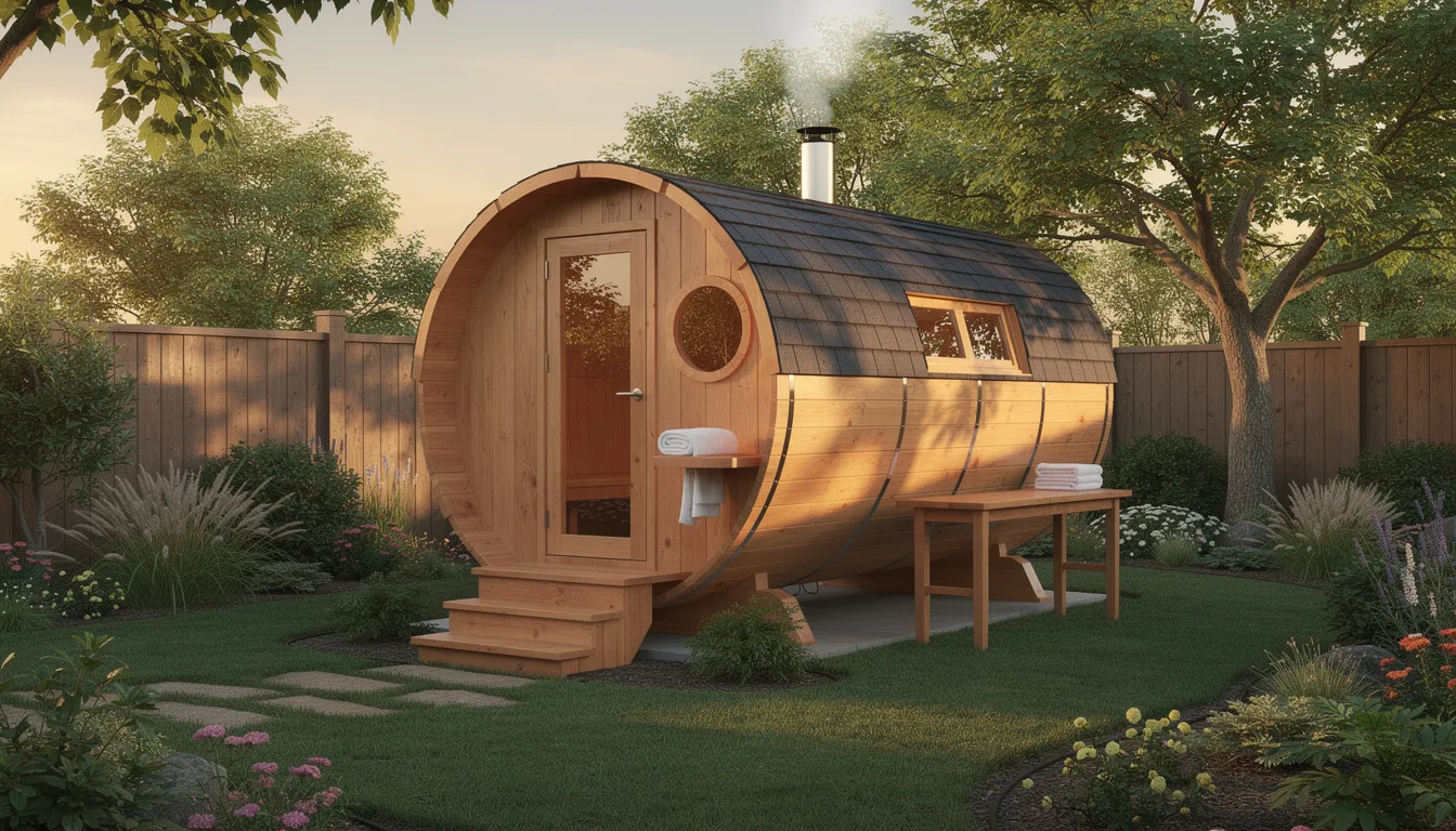 The image depicts an outdoor wooden barrel sauna nestled in a lush backyard garden, showcasing an authentic sauna experience. This traditional Finnish sauna design offers a cozy setting for sauna bathing, providing health benefits such as stress relief and improved cardiovascular health.