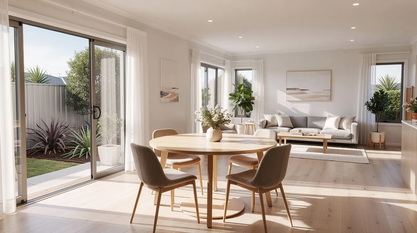 The image showcases a modern round dining table, approximately 150cm in diameter, set in a bright and airy open-plan living and dining area in Australia. The table serves as a focal point in the space, creating a warm and inviting atmosphere perfect for family gatherings.