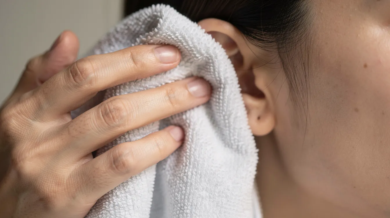 Eine Nahaufnahme zeigt eine Hand, die ein weiches Handtuch sanft an die Außenseite eines Ohres hält, um möglicherweise Beschwerden wie Ohrenschmerzen oder eine Gehörgangentzündung zu lindern. Diese Maßnahme kann als Hausmittel zur Behandlung von Symptomen einer Otitis externa dienen.