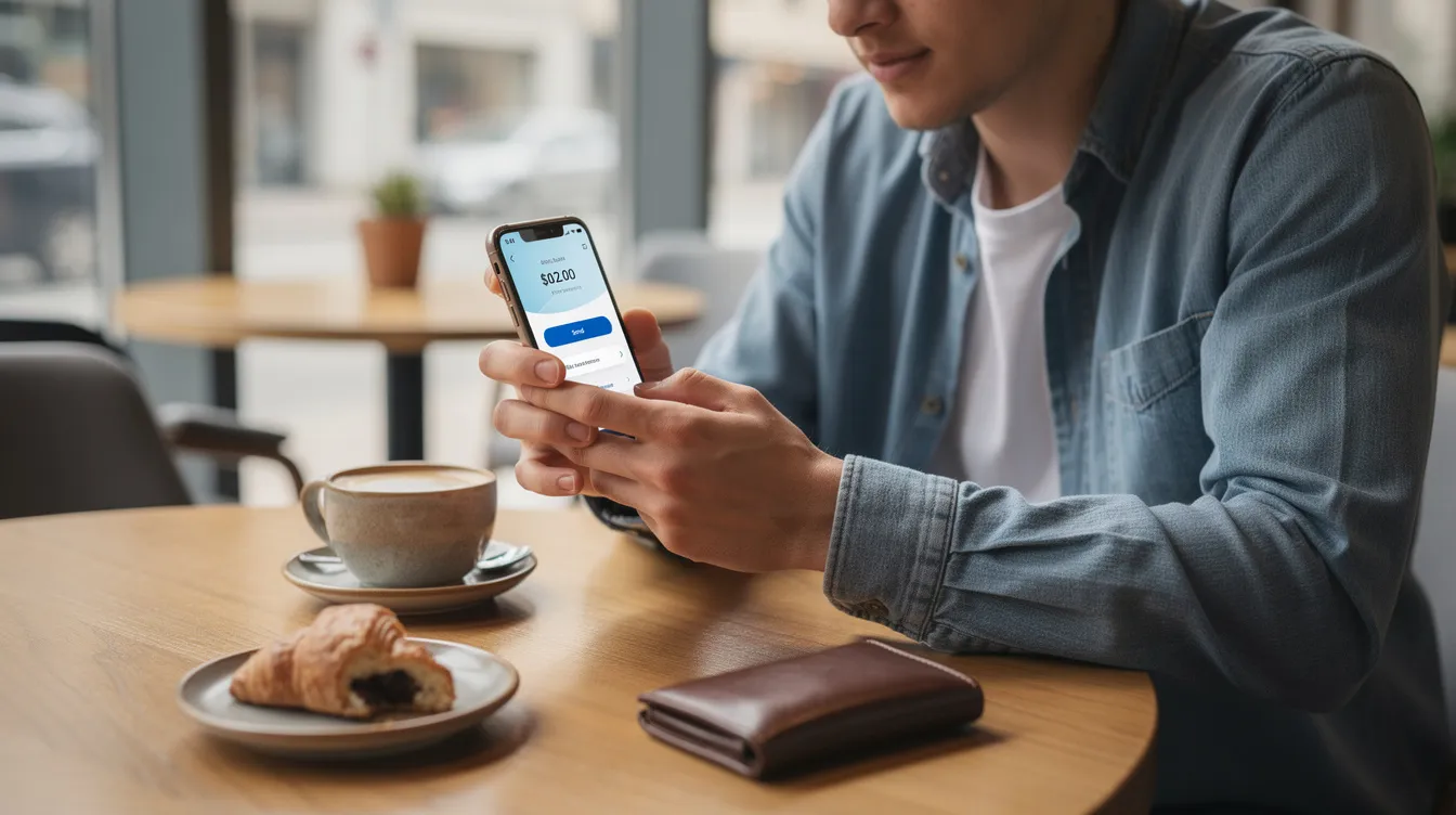 The image shows a person sitting in a cafe, using a smartphone to send money through an online money transfer service. They appear focused on the screen as they initiate a secure money transfer, possibly comparing options like Remitly vs Western Union for their international transfers.