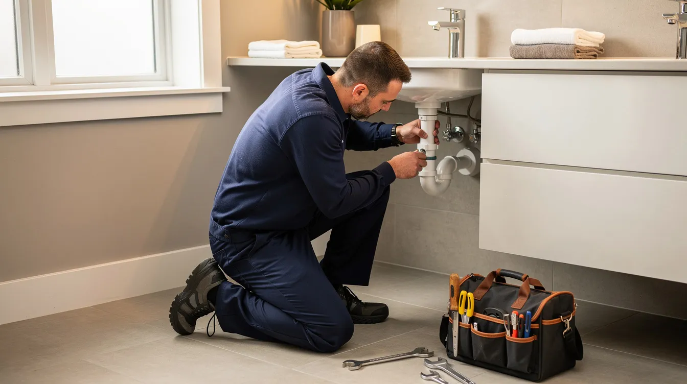 A professional plumber in navy blue clothing is seen installing plumbing pipes under a bathroom sink, showcasing essential plumbing repairs within a well-designed residential home. The warm atmosphere emphasizes the importance of reliable plumbing services for homeowners.