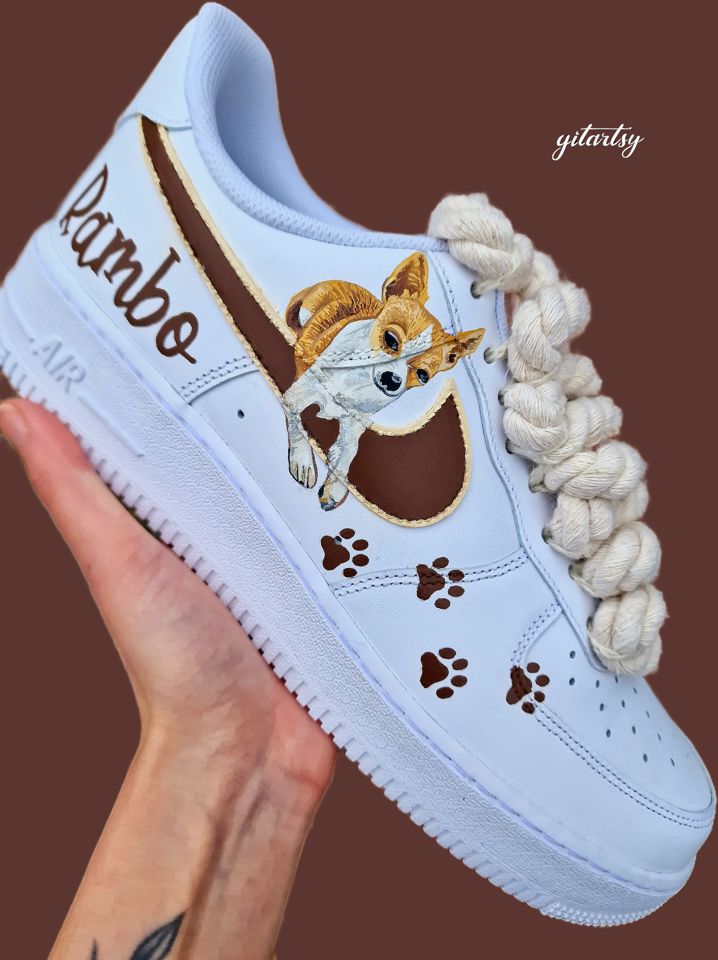 Hand painted custom Nike AF1 sneakers with pet puppy 'Rambo' and thick rope laces 