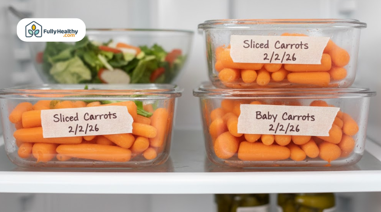 Organized refrigerator shelf with labeled containers of sliced and baby carrots