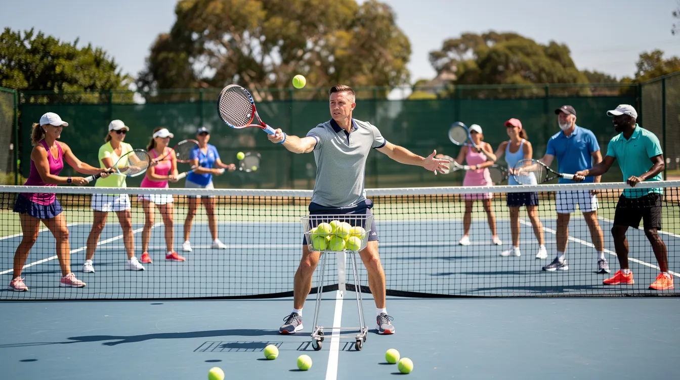 A group of adult tennis students is practicing volleys on a sunny outdoor court during a group clinic, guided by their tennis instructors. The participants are engaged in drills, focusing on improving their skills and technique in a supportive environment.