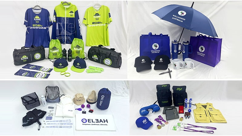 Real photos of customized gift projects for clients: branded apparel, bags, beverage sets, and promotional gifts.