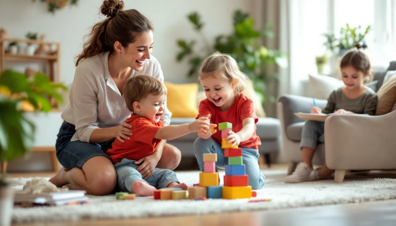 A childminder plays with a group of children of different ages in a homely living room, where a warm and safe atmosphere prevails. The childminder cares for children in small-scale care, adhering to quality requirements for childcare.