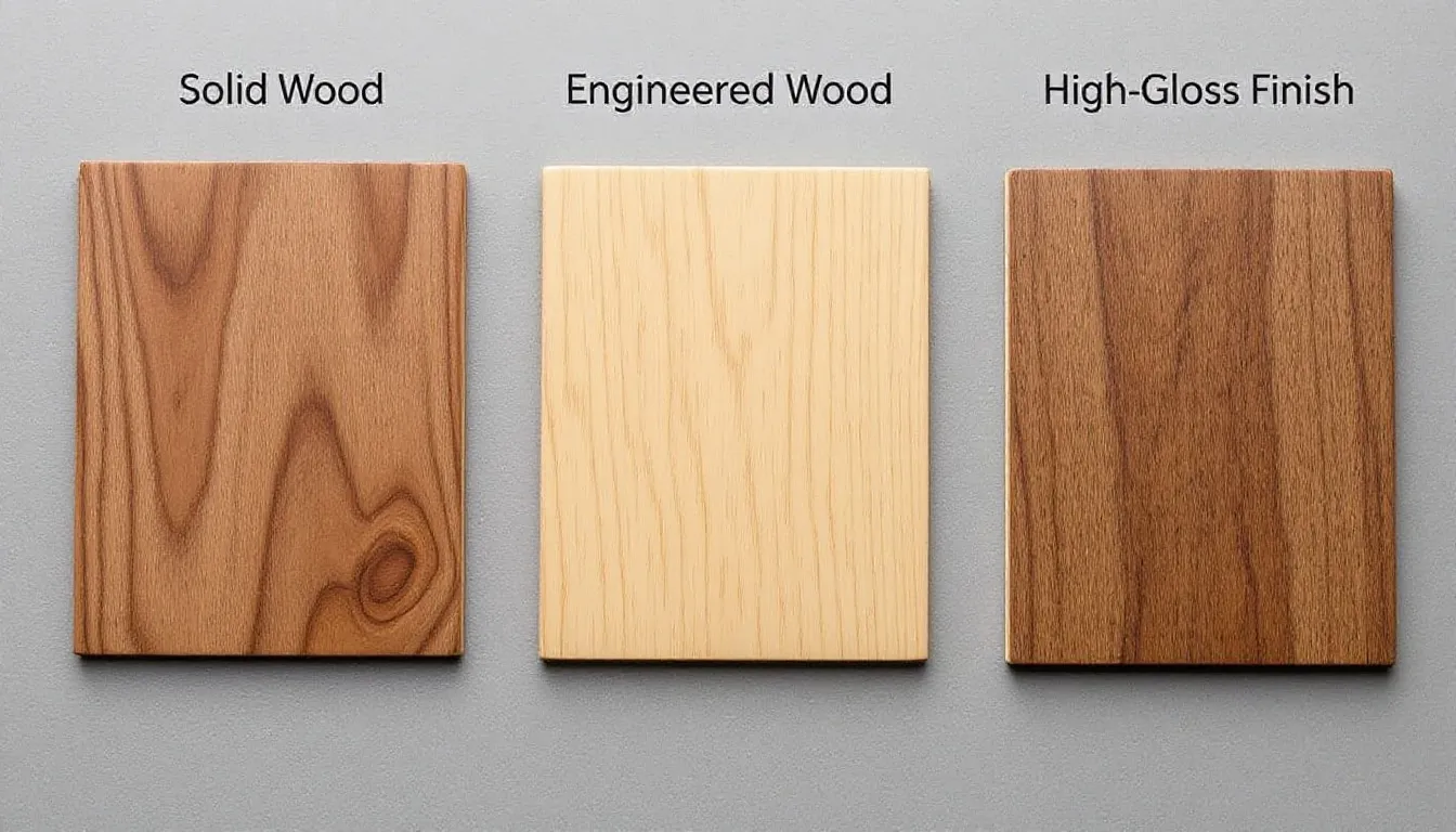 The image features a detailed comparison of three distinct textures: solid wood grain, a smooth engineered wood surface, and a high-gloss finish, showcasing the variety of materials available for modern bedroom furniture. This visual aids in understanding how different finishes can enhance the style and functionality of items like bedside tables and bed frames in a white bedroom suite.