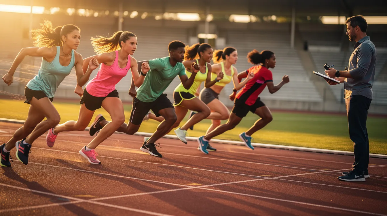 The image shows a group of young athletes engaged in supervised sprint drills on a track, focusing on improving their athletic performance. These teen athletes are being guided by a coach, emphasizing the importance of proper training techniques and nutrition, including considerations like creatine supplementation for muscle mass and recovery.