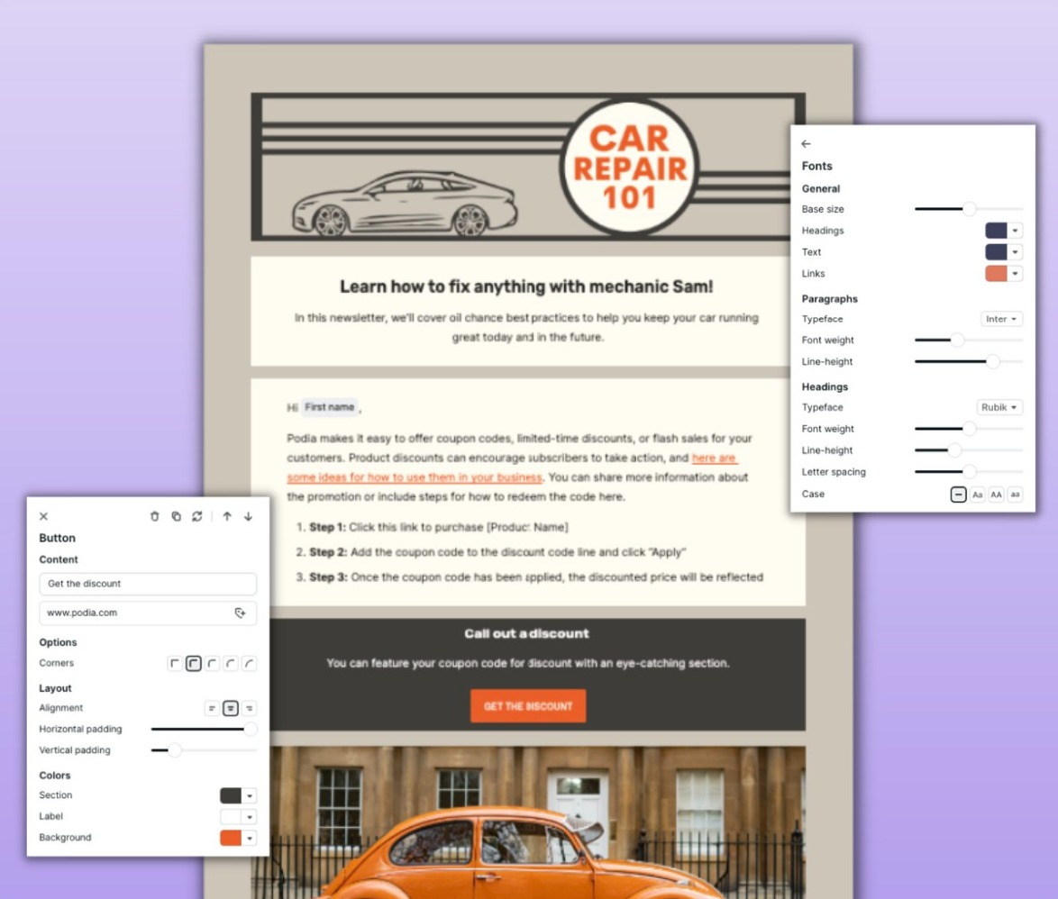 Podia's email page builder