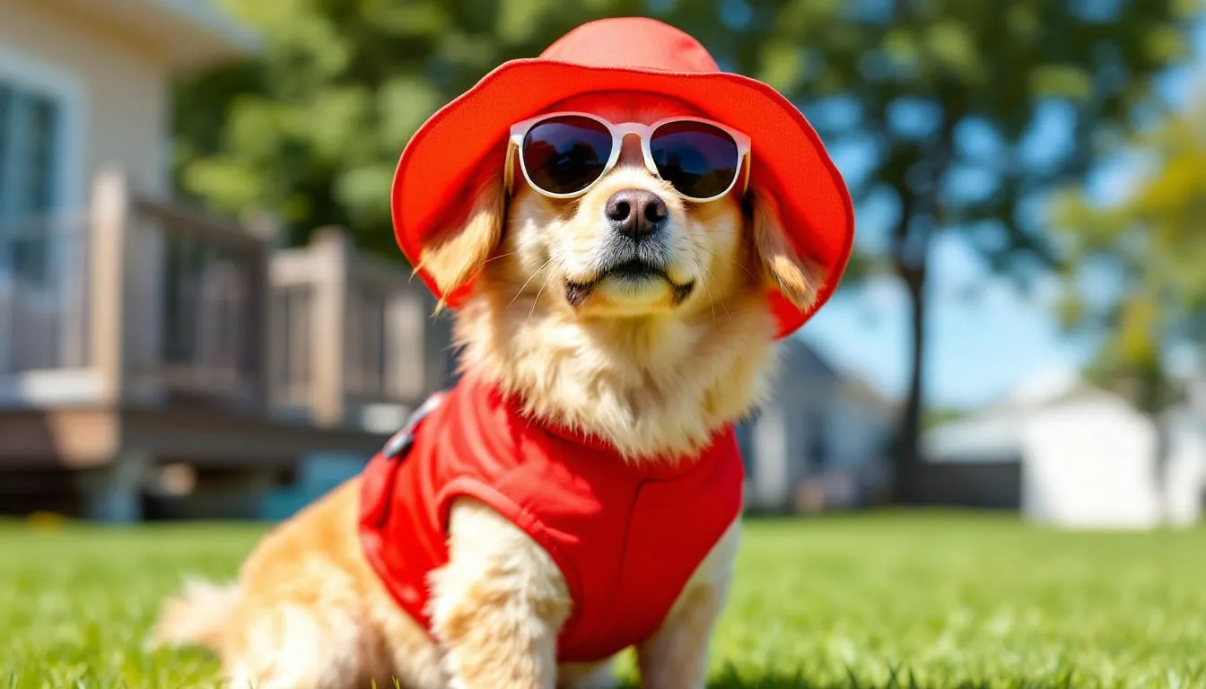 A dog is wearing protective gear, including a sun hat, to shield itself from UV exposure, which is important for preventing skin lesions associated with conditions like lupus erythematosus. The dog appears healthy and is enjoying a sunny day, highlighting the need for protection against the sun, especially for dogs affected by autoimmune diseases.
