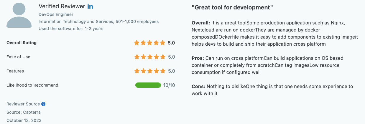 The visual is a user review for Docker, a DevOps orchestration tool.