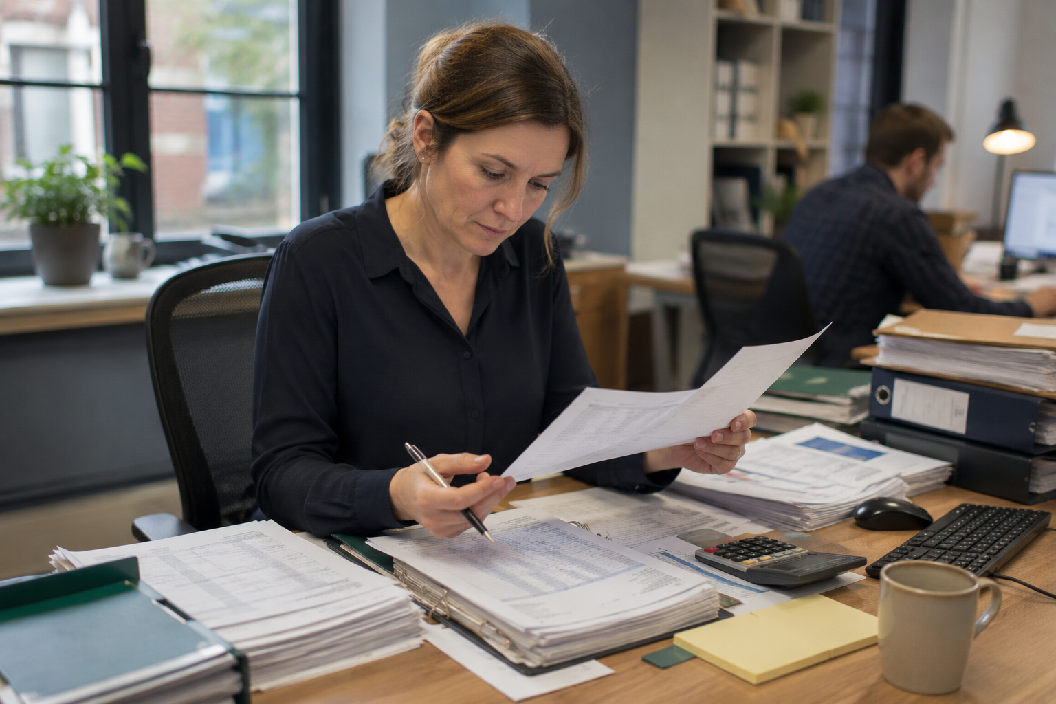 Charity staff reviewing financial reports and audit documents inside a UK office.