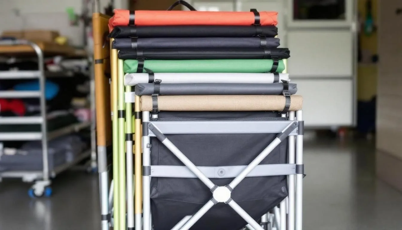 The image shows multiple camping chairs of varying sizes, all packed and ready for transport, showcasing a selection of portable chairs ideal for outdoor adventures. Among them are durable options with features like cup holders and adjustable armrests, perfect for a comfortable camping trip.