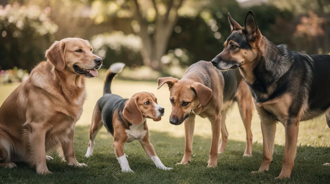 The image depicts a dog with various ear positions, illustrating the dog's body language in a complete context. The dog's erect ears indicate alertness, while its relaxed posture and wagging tail suggest a calm demeanor, showcasing how ear positions communicate the dog's emotions and intentions.