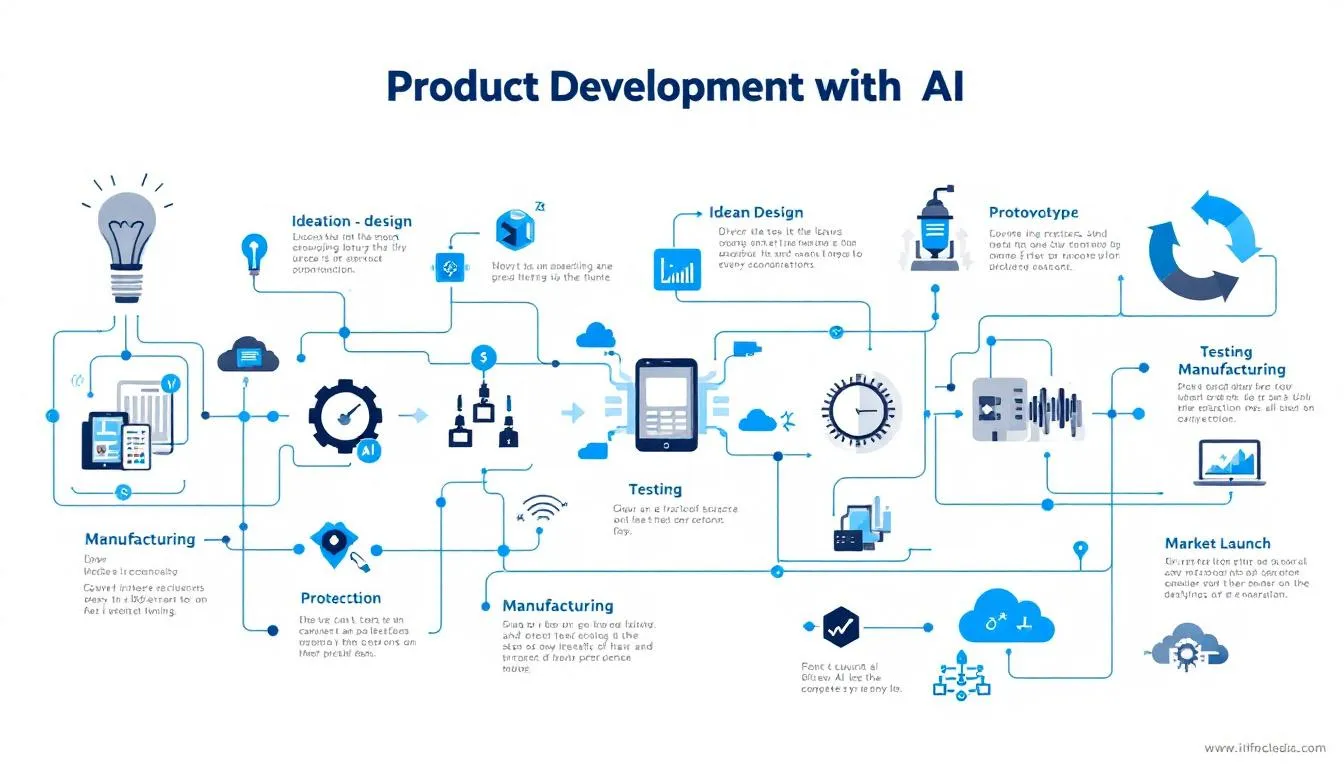 In this image, various elements of the product development process are depicted, showcasing how artificial intelligence tools are transforming the lifecycle from concept to market. The visual highlights the integration of AI in analyzing customer data, optimizing product features, and enhancing customer satisfaction through data-driven decision-making and innovative product development strategies.