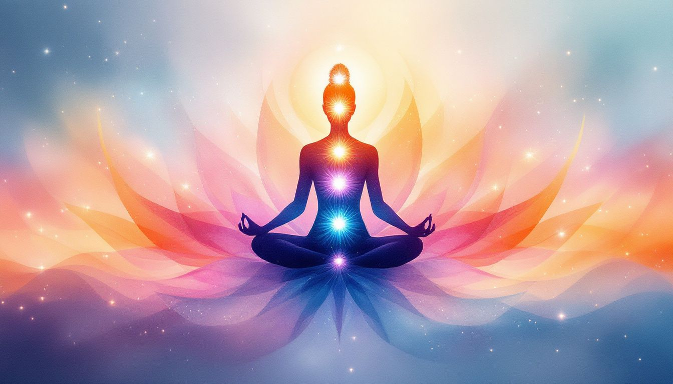 An illustration of the seven major chakras aligned along the human body.