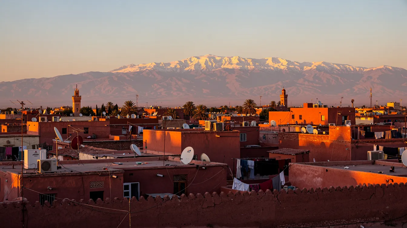 A panoramic view showcases the iconic red walls and rooftops of Marrakech, Morocco, with the stunning snow-capped Atlas Mountains serving as a backdrop during golden hour. This picturesque scene captures the essence of the city, inviting travelers to explore its rich cultural attractions and vibrant life.