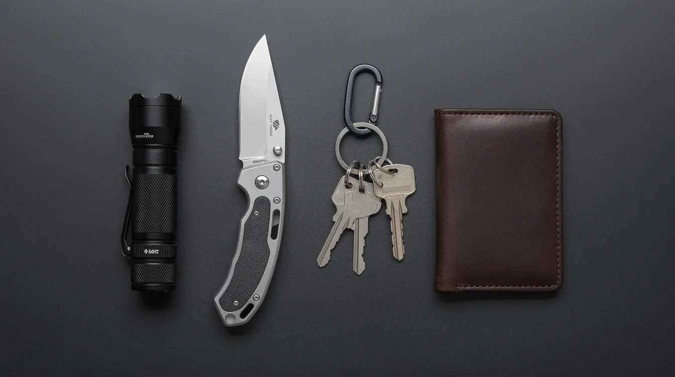 A flat lay showcases essential everyday carry gear on a dark surface, featuring a compact flashlight with a pocket clip, a folding knife, a keychain light, and a wallet. The arrangement highlights the practicality of these items for daily tasks, emphasizing the flashlight's rechargeable battery and various lighting modes.