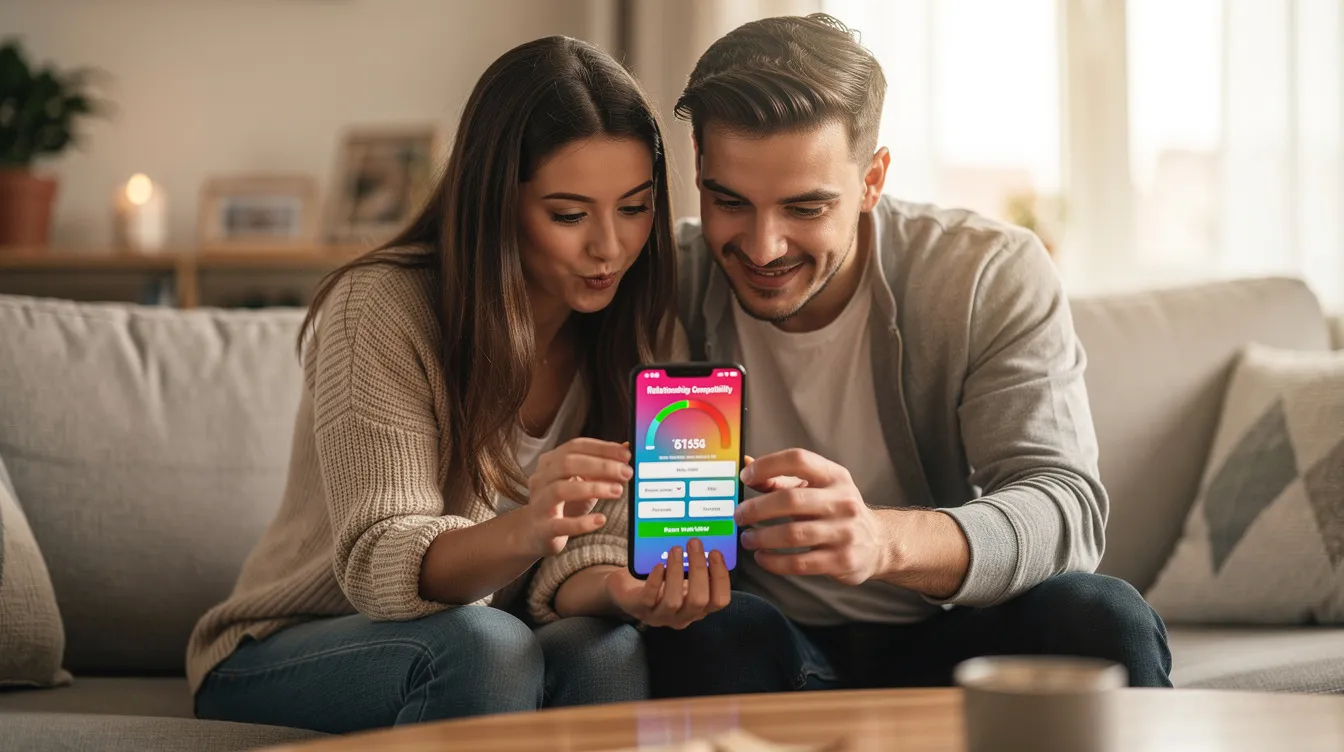 A couple is sitting together, each holding a cell phone as they take a compatibility test. They appear engaged in a fascinating conversation about their relationship dynamics and shared values, aiming to deepen their emotional intimacy and strengthen their connection.
