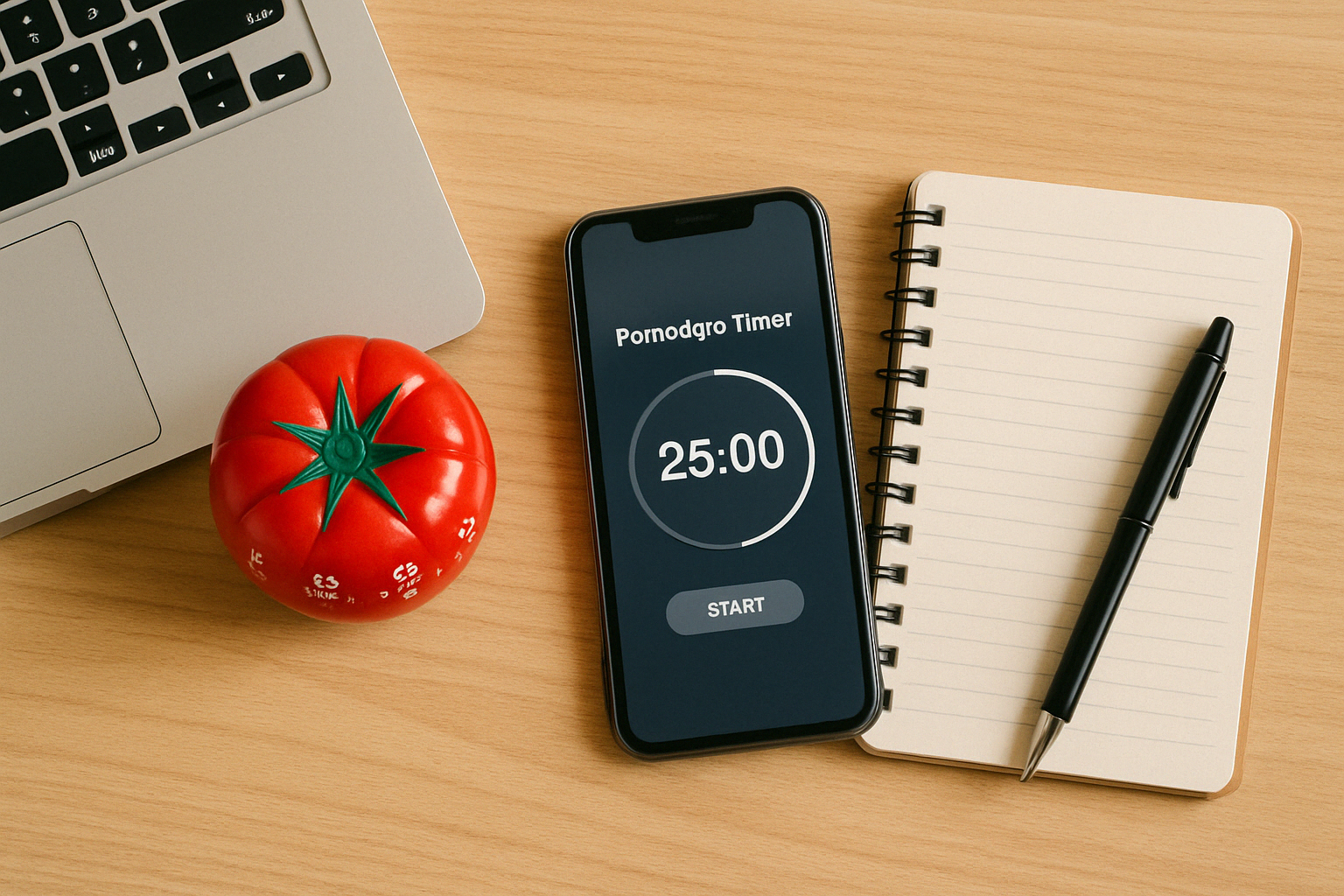 Workspace with a tomato timer, smartphone Pomodoro app, notebook, and pen, representing time tracking software to track time, break bad habits, and the right tools.