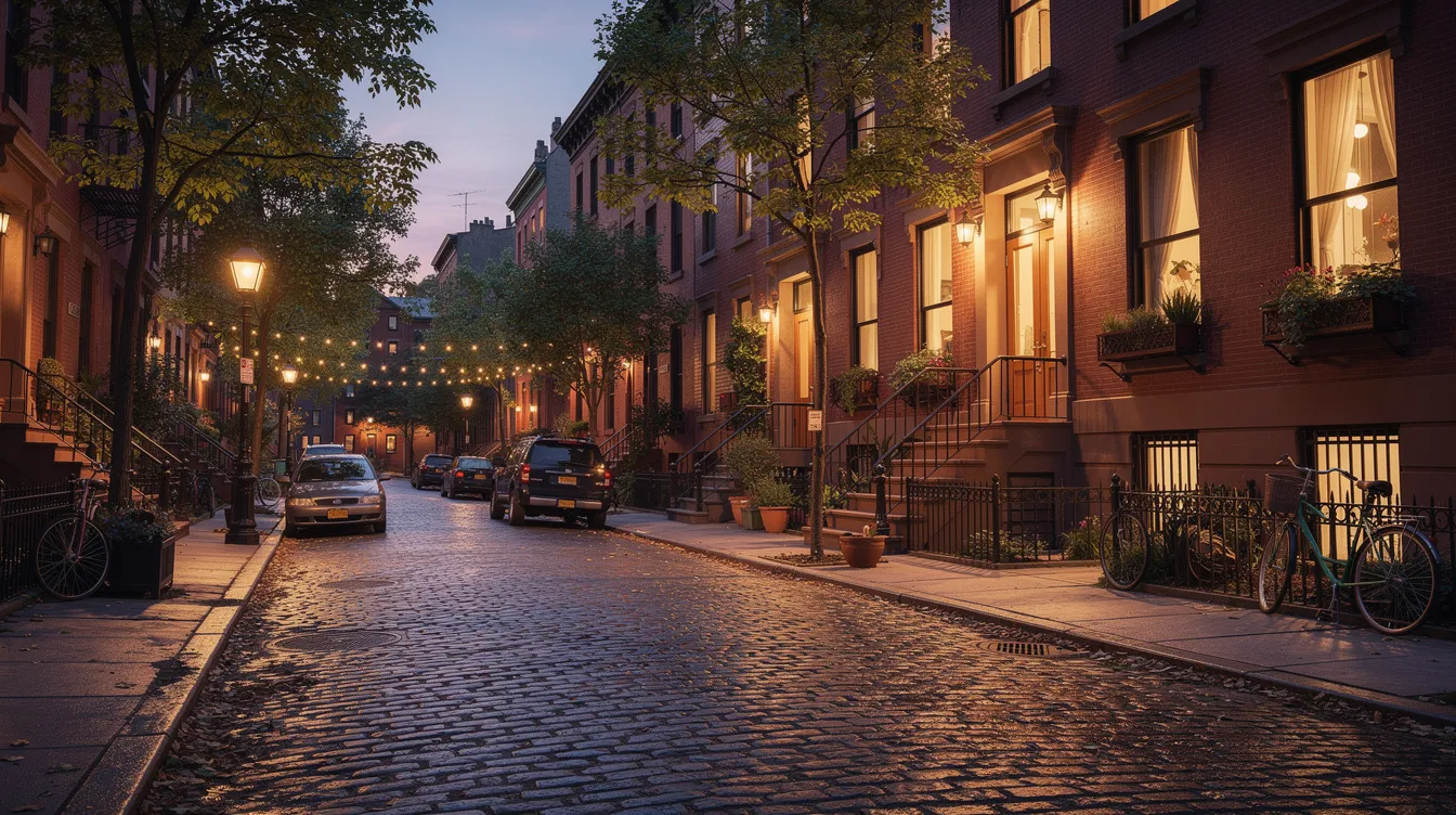 The image depicts a cozy West Village cobblestone street at dusk, lined with charming brownstone buildings illuminated by warm streetlights, creating an inviting atmosphere perfect for enjoying classic cocktails or a liquid brunch at nearby bars. The scene captures the essence of New York City life, with a subtle hint of the vibrant nightlife found in this neighborhood.