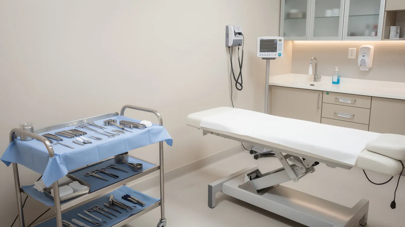 The image depicts a calm and well-lit outpatient medical procedure room, featuring a sterile tray with various surgical instruments prepared for a nipple correction surgery. The environment is designed to ensure comfort and safety for patients undergoing procedures like inverted nipple repair or other cosmetic surgeries.