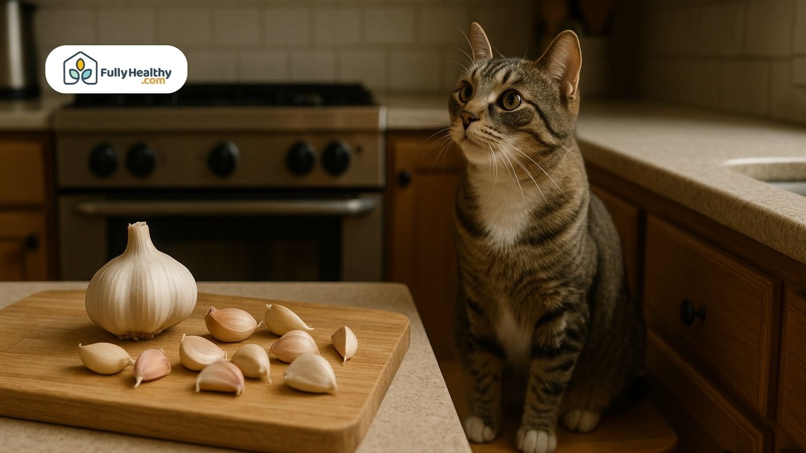 A curious tabby cat sitting on a kitchen counter next to a wooden board with garlic cloves.