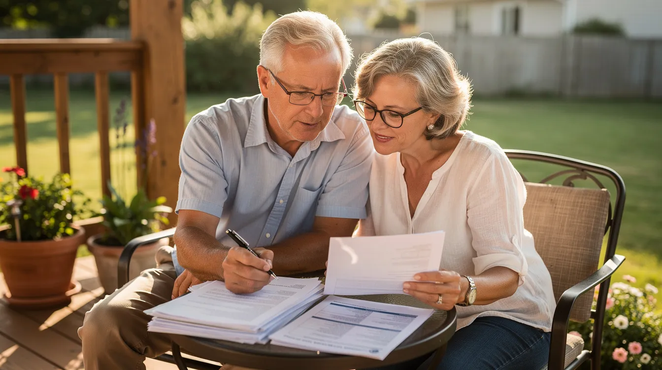 A couple in their early sixties is sitting together on a sunny porch, reviewing paperwork related to their retirement savings, including details about converting to a Roth IRA and the associated tax implications. They appear focused and engaged, possibly discussing how a Roth conversion can impact their future tax rates and retirement income.