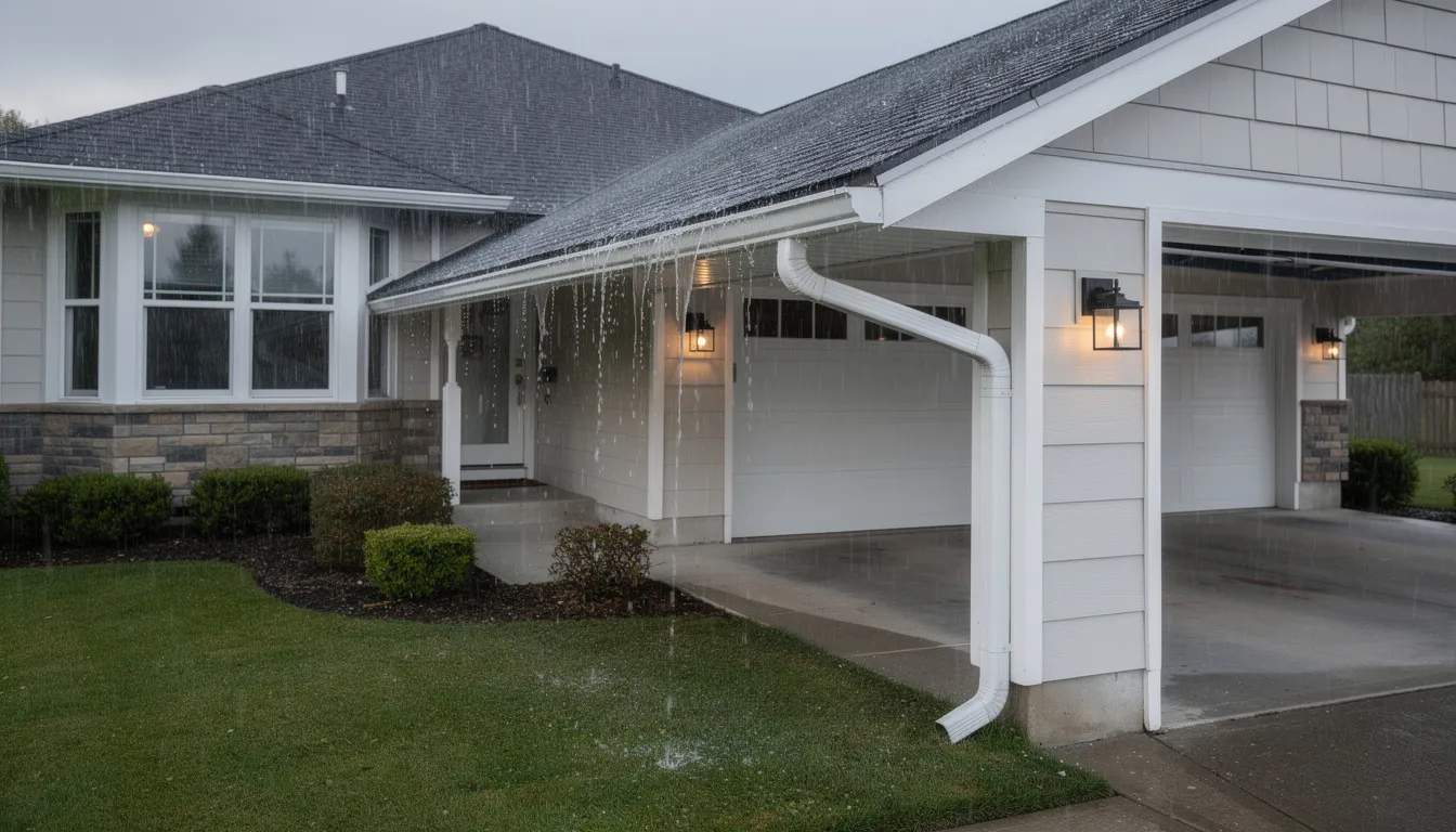 The image shows a house in Central Texas with well-maintained gutters and downspouts, effectively channeling rainwater during a heavy rainstorm. This scene highlights the importance of proper drainage systems in flood risk management, particularly in areas prone to flash flooding like the Texas Hill Country.