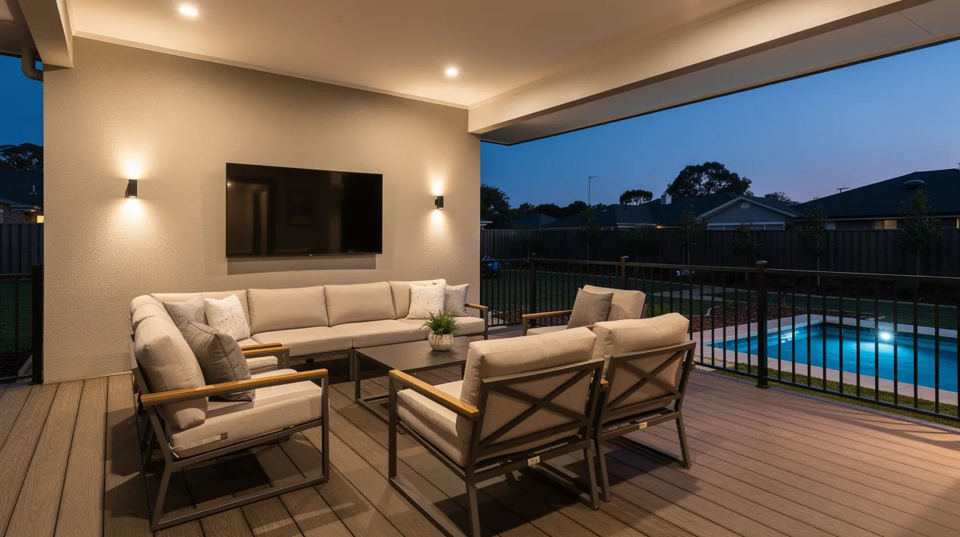 The image depicts a stylish outdoor covered porch featuring a wall-mounted television, perfect for watching the FIFA World Cup, with a comfortable seating arrangement and a view of the adjacent pool area through the railing, creating an ideal space for entertaining guests in a backyard oasis.