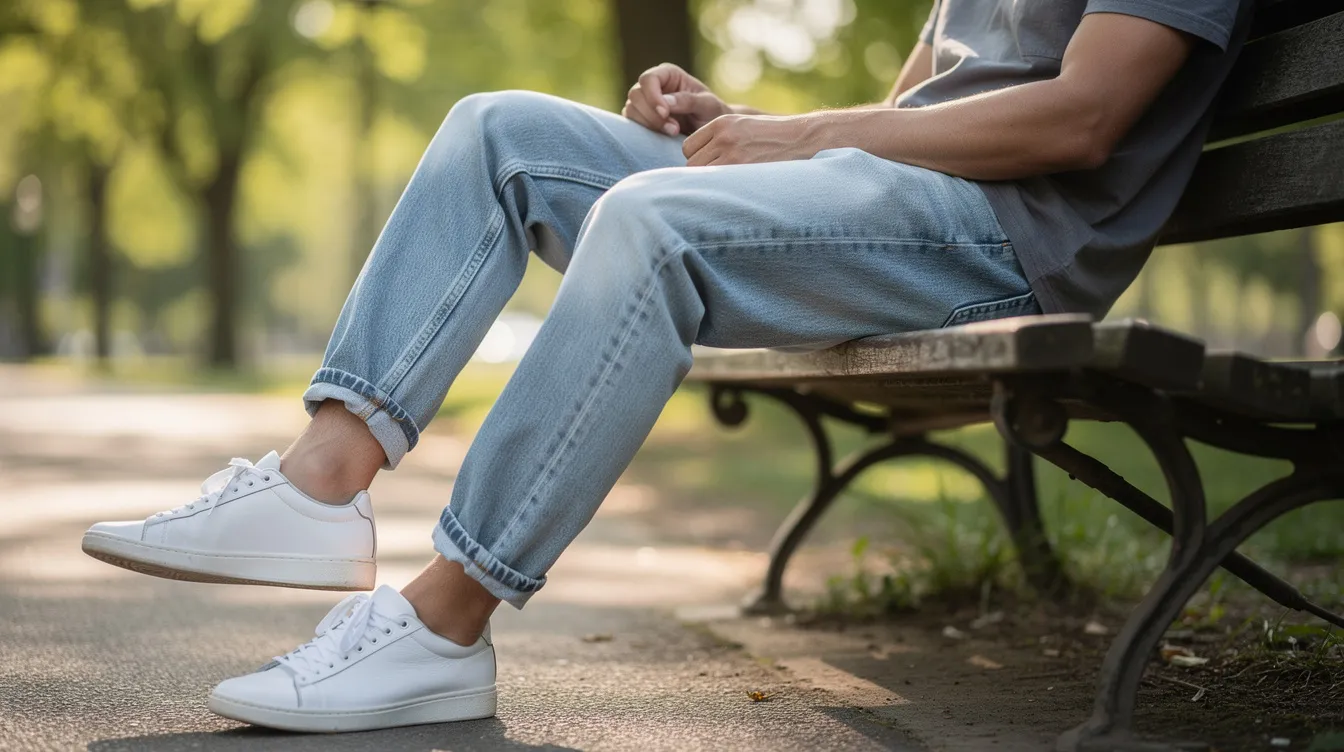 A person is sitting on a park bench wearing relaxed fit light wash jeans, which provide a laid-back style, paired with white sneakers. The jeans, part of a quality denim collection, offer maximum comfort and a flattering cut for everyday wear.