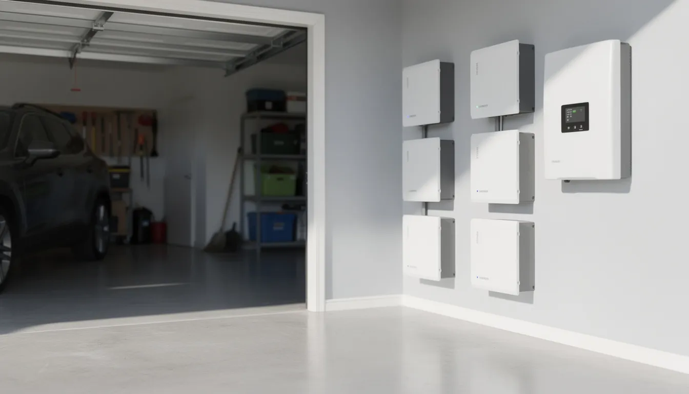 Wnętrze garażu z białymi modułami baterii litowych zamontowanymi na ścianie obok falownika, które służą do magazynowania energii elektrycznej i zapewnienia bezpieczeństwa funkcjonowania mikroinstalacji. W tle widoczne są elementy związane z przyłączeniem mikroinstalacji do sieci dystrybucyjnej.