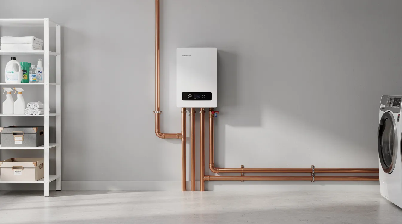 The image shows a compact wall-mounted tankless water heater installed in a tidy residential utility room, featuring visible copper pipes and gas line connections. This energy-efficient system is designed for optimal performance, providing hot water on demand while adhering to local codes and safety standards.