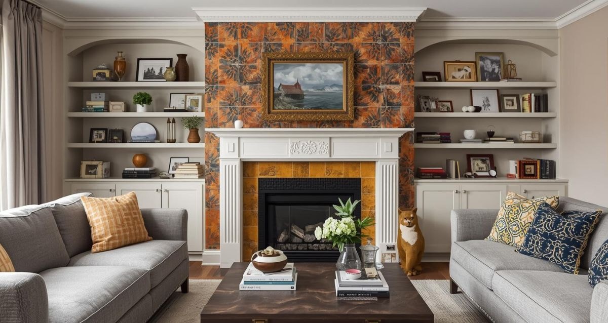 Out of the box, creative retro tiles used for the fireplace