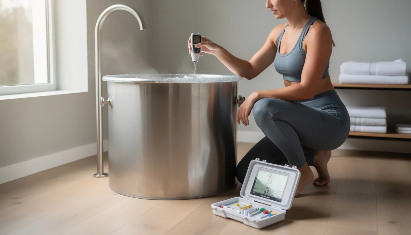 The image shows a person testing the cold plunge water with a digital meter, ensuring its clarity and quality for optimal use. The individual is focused on assessing the water's cleanliness, which is essential for maintaining a safe and effective ice bath experience.