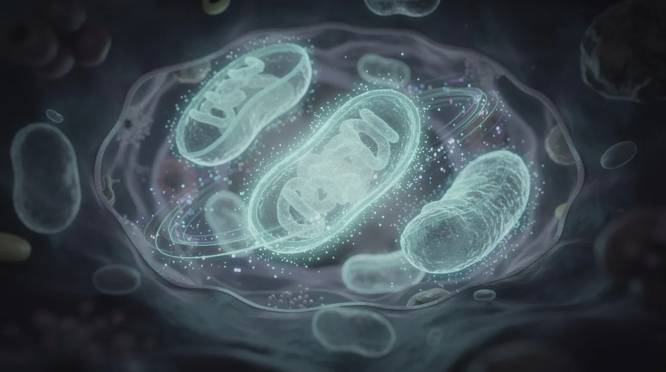 The image depicts glowing mitochondria within a human cell, highlighting their crucial role in cellular energy production and maintaining cellular health. Energy particles surround the mitochondria, symbolizing the dynamic processes involved in cellular metabolism and the importance of healthy NAD levels for overall health status.