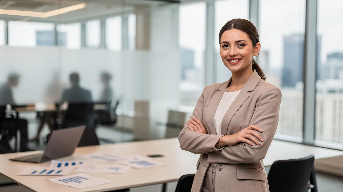 A confident small business owner stands in a modern office, showcasing pride in their success after securing funding. The atmosphere reflects a sense of achievement and potential in the country, symbolizing the benefits of accessing funds to grow their company and better serve customers.