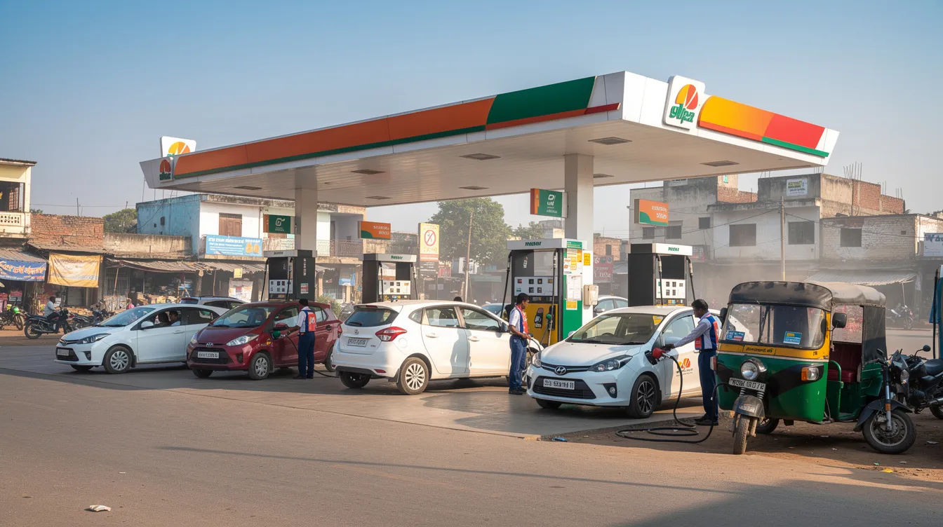 7b0b6ba2 b7f5 4565 8163 1d11b5711f19 The image depicts a modern Indian petrol station bustling with activity, featuring various vehicles refueling at multiple pumps. This scene highlights a profitable dealership business model that caters to the high demand for fuel in urban areas.